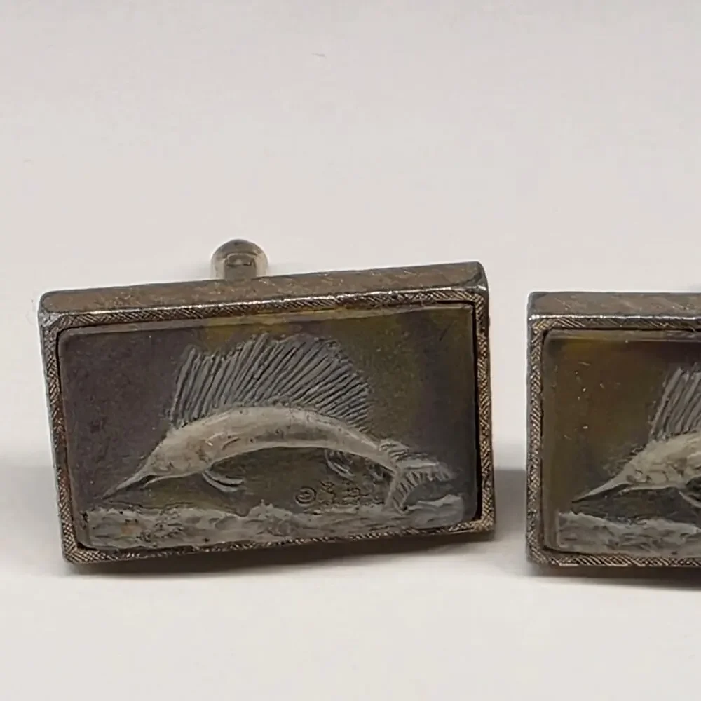 Vintage Dante Sailfish Scene Hand Engraved Silver Tone Cufflinks 1
